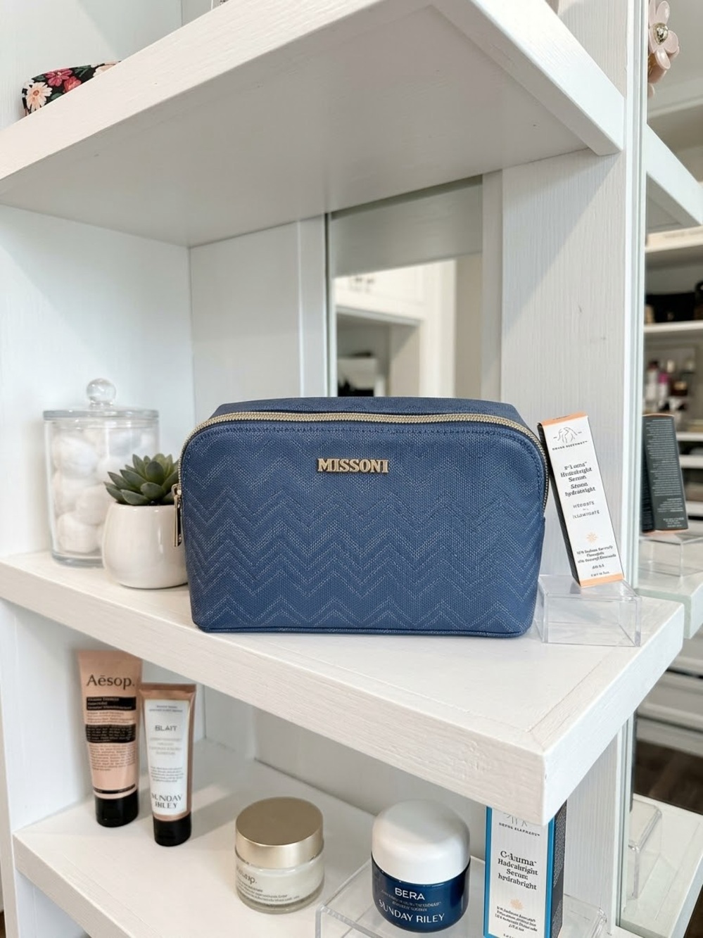 Missoni blue chevron pattern Cosmetic Case with Gold Logo & Drunk Elephant Serum